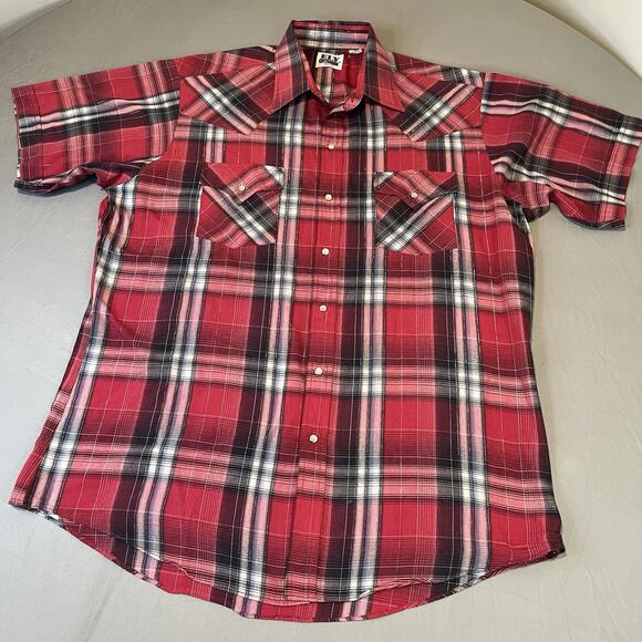 Ely Cattleman Mens Large Red Plaid Pearl Snap Holiday Western Short Sleeve Shirt - Picture 1 of 8